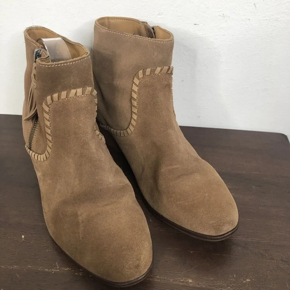 Jack Rogers Brown Suede Ankle Boots Tassel Side Zipper Women’s Size 9M